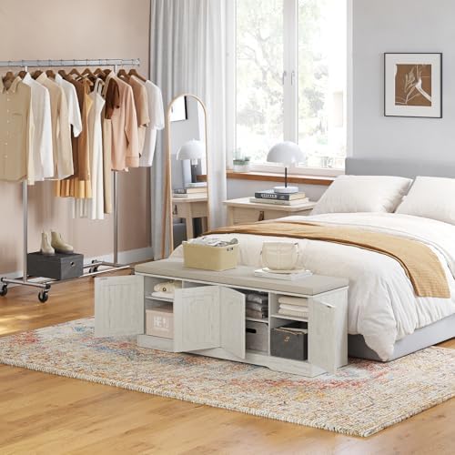 DINZI LVJ Shoe Storage Bench with Cushion, Door, Rustic White 47.2"LX17.7"H