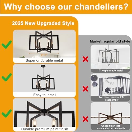 22" Black Chandelier for Dining Room, 6-Light Geometric Farmhouse Dining Room Fixture, Modern Foyer Lighting Fixtures, Industrial Hanging Pendant Lights for Kitchen Island, Living Room, Entryway