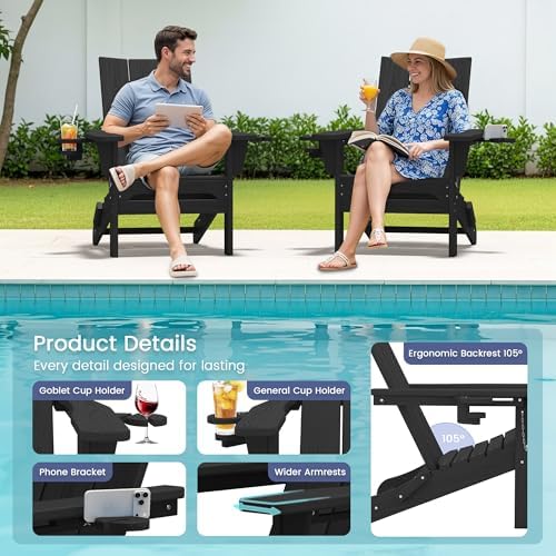 SERWALL Modern Folding Adirondack Chairs Set of 2, HDPE, Cup Holders, Black