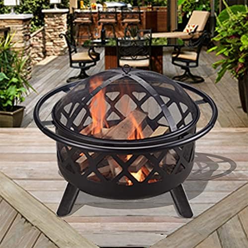 Teamson Home Large 76cm Garden Round Wood Burning Fire Pit, Outdoor Furniture Chimnea, Firepit Heater, Metal Log Burner Fire Bowl with Lid & Poker