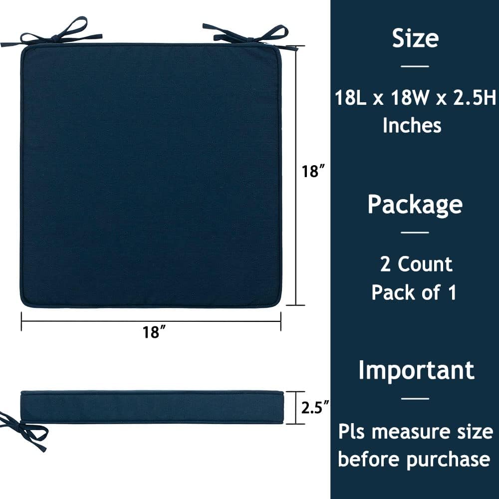 Magpie Fabrics Square Corner Seat Cushion, 18" x 18" x 2.5", 2 Pack, Indoor/Outdoor Waterproof Weather Resistant Universal Chair Pads for Patio Garden Dining - Blue Navy