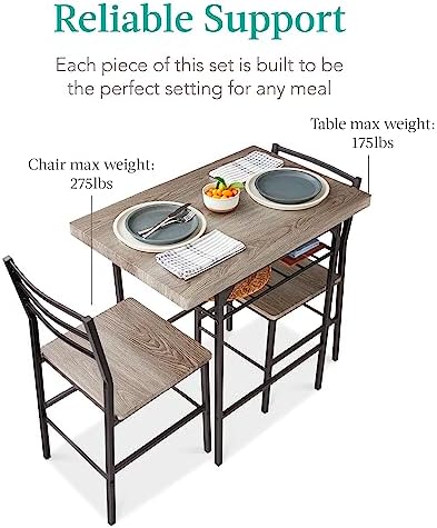 Best Choice Products 3-Piece Modern Dining Set, Space Saving Dinette for Kitchen, Dining Room, Small Space w/Steel Frame, Built-in Storage Rack - Gray/Black