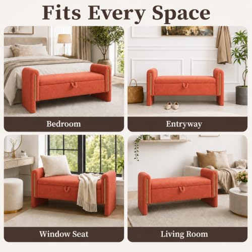 52" Upholstered Storage Bench, Orange, Armrests, Wood Frame