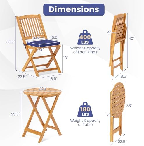 GIANTEX Patio Bistro Set 3 Pieces, Outdoor Acacia Wood Folding Table & Chairs Set with 2 Padded Cushions, Patio Conversation Furniture Set for Backyard, Garden, Balcony, Poolside (Natural & Navy)