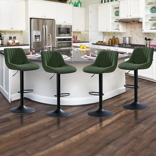 Barstools Set of 3, Adjustable PU Leather Swivel Bar Height Stools with Back, Armless Upholstered Counter Height Stools, Modern Adjustable Bar Chairs for Kitchen Island/Cafe/Dining Green