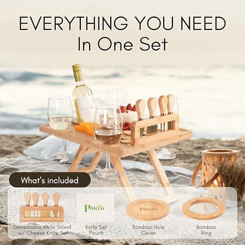 Charcuterie Picnic Table with Wine Glass Holder, Portable Wine & Cheese Board, 4-Piece Cheese Knife Set (Gold) w/Detachable Knife Stand, Bamboo Charcuterie Table, Hosting & Wine Gift