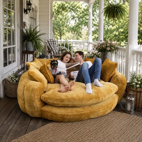 81.1" Oversized Round Chaise Lounge, Extra-Thick 14.9" Seat Wrap-Around Back Guard Spines In Open-Plan Loft, Villa,Game Den, Round Couch Family Find Movie-Night Stadium for 2+ Adults, Pets, Yellow