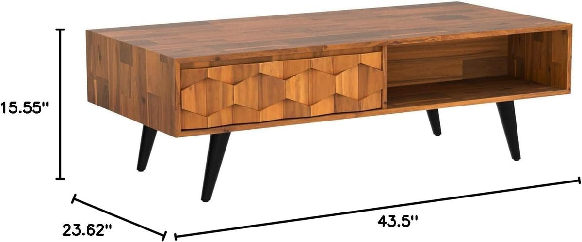 Bme Georgina Solid Wood Coffee Table, 2 Drawers & Open Shelves, Teak Brown