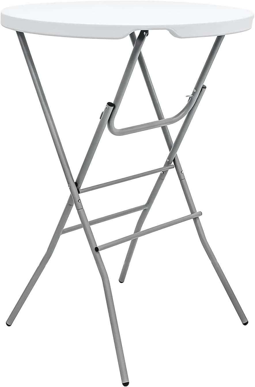 31.5" L X 31.5" W X 43" H - Cocktail Table White High Top Folding Table, Portable Bar Height Folding Table Round with Detachable Gray Legs
