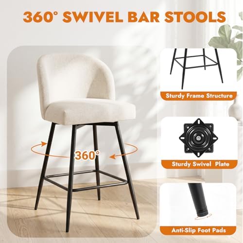 Counter Height Bar Stools Set of 3, 360° Swivel Upholstered Barstools with Backs and Metal Legs, 26" H Seat Height, Linen Fabric in Beige