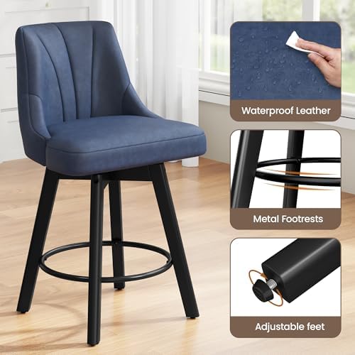 REONEY Counter Height Swivel Bar Stools, 24" Upholstered Barstools Set of 2