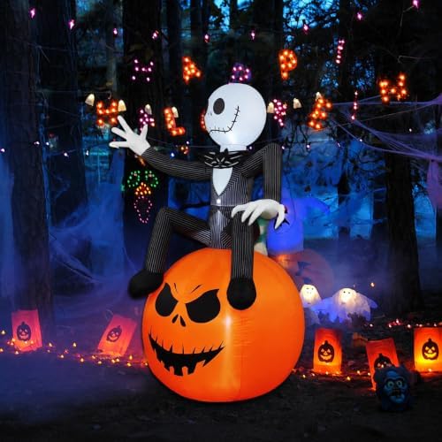 6Ft Inflatable Halloween Yard Decoration - Outdoor Blow Up Skeleton & Pumpkin Decoration - Built-in LED Lights for Halloween Lawn Outdoor Decoration