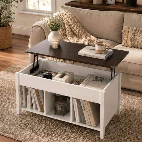 Bonnlo Lift Top Coffee Table, Wood Coffee Table with Lifting Tabletop, Hidden Storage, 3 Open Shelves, 39" Center Table for Living Room, Home Office, White & Dark Brown