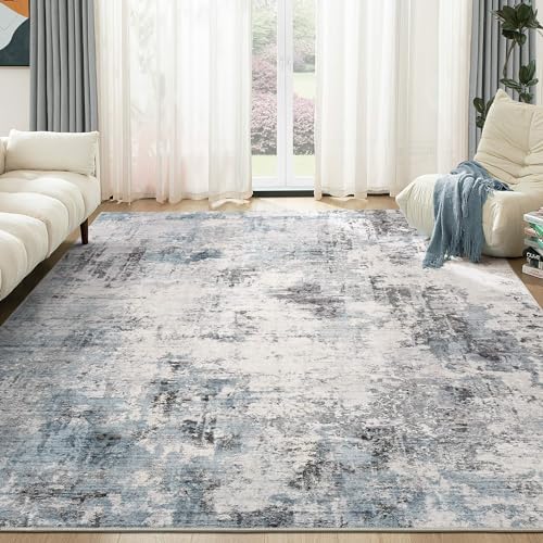 Abstract 8x10 Area Rug: Machine Washable Non Slip Ultra Thin Low-Pile Carpet, Soft Stain Resistant for Living Dining Room Bedroom, Kid Pet Friendly, Robot Vacuum Compatible - Grey Blue