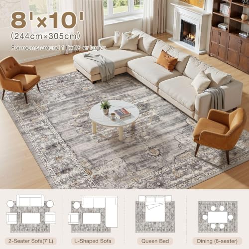 Vintage Washable 8x10 Area Rug, Non-Slip Indoor Carpet, Grey