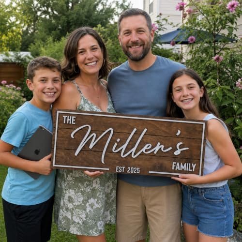 Personalized Family Name Sign - Custom Art Deco Last Name Wood Wall Decor Plaque, Rustic Farmhouse Style Wedding Gift, Housewarming Gift, Custom Wooden Wall Hanging with Established Date, Large Wall Art for Living Room or Entryway 23x7" (Small)