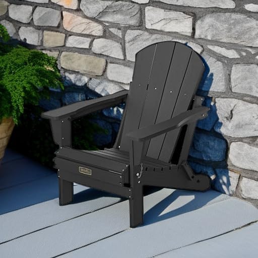 SERWALL Folding Adirondack Chairs with Cup Holder, Outdoor Fire Pit - Black