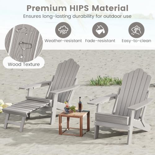 GIANTEX Folding Adirondack Chair, All-Weather Lounge Chair with Adjustable Backrest, Retractable Ottoman, Cup Holder, HIPS Fire Pit Chair for Lawn, Pool, Patio, Porch (1, Gray)