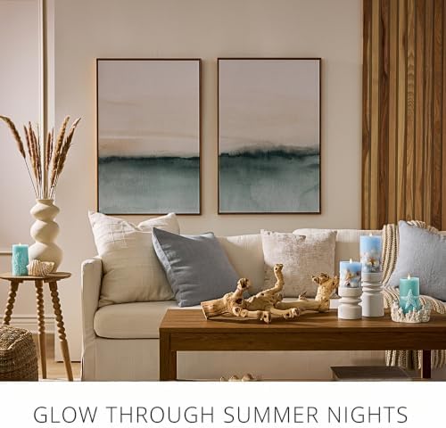 Luminara Flameless LED Candle Soft Chambray Embedded Seashell & Starfish Moving Flame Pillar Unscented Real Wax with Recessed Edge (4.5-inch)