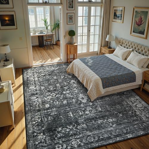 Lahome Margot Area Rugs 9x12 Living Room Soft Large Rugs for Bedroom, Boho Black Dining Room Rug, Distressed Non Slip Low Pile Carpet for Indoor Home Office(9'x12', Black/Grey)