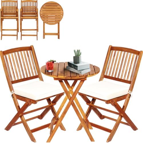 S AFSTAR Bistro Table and Chairs Set of 2, Acacia Wood Folding Bistro Set for 2 with Detachable Soft Cushions, 3PC Outdoor Wood Bistro Set for Patio, Balcony, Garden & Yard (Natural Color)