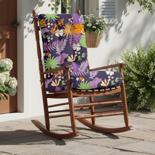 Outdoor Waterproof Rocking Chair Cushions Set of 2, Premium Oxford Patio Chair Cushions Backed Bottom Thick Cotton Rocking Chair Pads 2pcs Set of Upper and Lower with Ties, Purple Flower