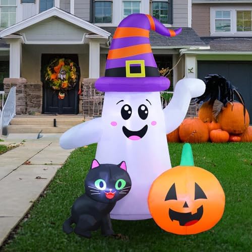 5FT Cute Halloween Inflatables Ghost, Blow Up Wizard Ghost with Pumpkin Black...