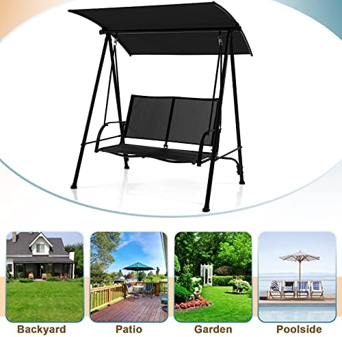 Tangkula 2 Person Porch Swing with Adjustable Canopy, Black