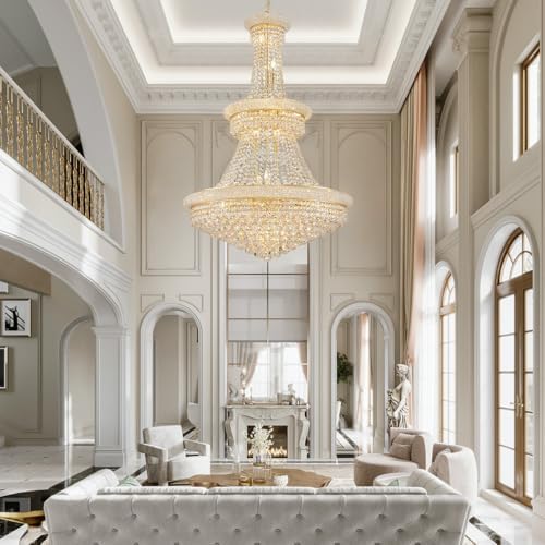 19-Lights High Ceiling Chandelier Modern Gold Crystal Chandeliers Large Foyer Chandelier Fixtures for Staircase Living Room Hallway Entryway (H47 x W31.5)