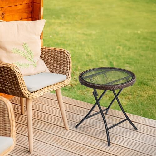 VINGLI 19in Modern Brown Rattan Folding Glass Outdoor Side Table, Small Patio Table with Tempered Glass Top,Round,1 Pack
