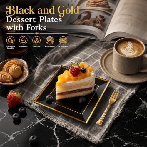 WDF 200PCS Black and Gold Plastic Dessert Plates for Halloween Parties