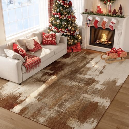 Kelarea Washable Area Rug 9x12, Non-Slip Low Pile Abstract Brown