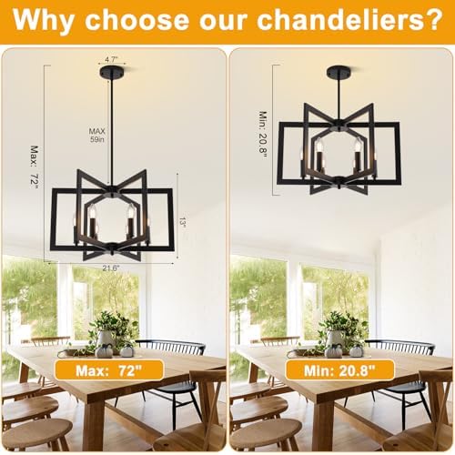 22" Black Chandelier for Dining Room, 6-Light Geometric Farmhouse Dining Room Fixture, Modern Foyer Lighting Fixtures, Industrial Hanging Pendant Lights for Kitchen Island, Living Room, Entryway