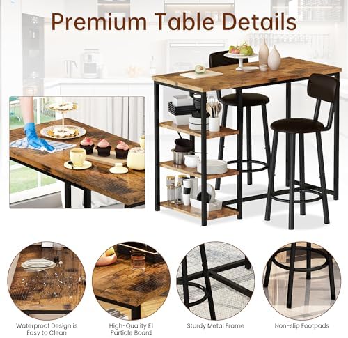 Kitchen Dining Table Set for 2, Bar Table and Chairs Set with 3 Storage Shelves, Tall Dining with 2 PU Leather Backrest Stools for Small Space, Kitchen Island, Apartment, Brown