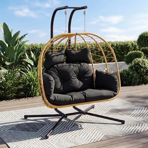 Bifanuo Double Hanging Egg Chair with Stand, Outdoor Indoor Swing Chair with Removable Cushion for 2 Person, Heavy Duty 700LBS Capacity for Patio, Bedroom, Garden (Yellow-Black)