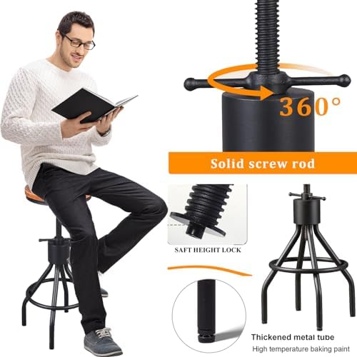 LOKKHAN Set of 2 Industrial Bar Stool-Height Adjustable Swivel Wood and Metal Bar Stool,Farmhouse Stool,Extra Tall Pub Height,23"-29"