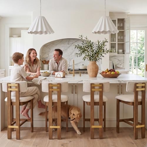 HNY 26’’ Tall Farmhouse Bar Stools Set of 2, Modern Counter Stools with Backs Beige Linen Upholstered Bar Height Chairs with Natural Hardwood Frame, Counter Height Wood Barstools for Kitchen Island