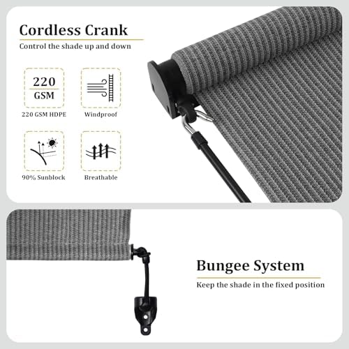 Shade&Beyond Outdoor Roller Shades with Splicing Design, 8' W x 8' H Cordless Patio Roll Up Blinds, Exterior Shade Cloth Roll for Porch, Gazebo, Pergola, Balcony, Gray