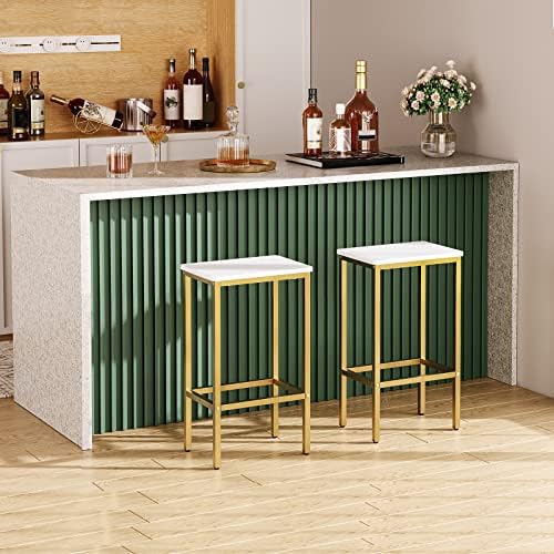 MAHANCRIS Bar Stools, Set of 2 Bar Chairs, Kitchen Breakfast Bar Stools with Footrest, 25.8-Inch Height, Rectangular Industrial Stools, for Dining Room, Easy Assembly, White and Gold BAJW0101
