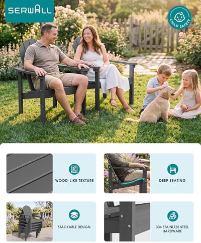 SERWALL HDPE Stackable Adirondack Chairs Set of 2,Space-Saving, Grey