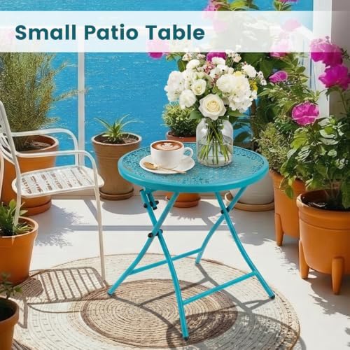 TeoKJ Folding Outdoor Side Table, No Assembly Patio Table with Cutouts
