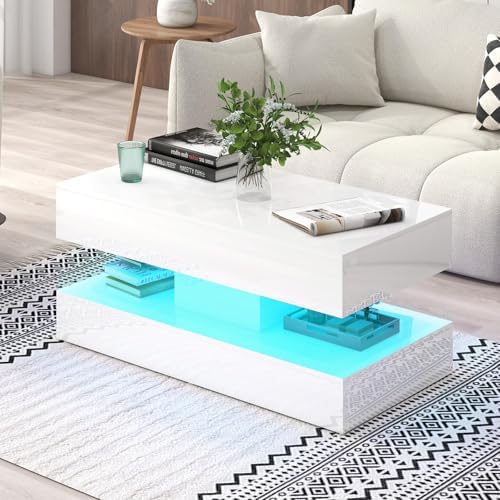 Verano Garden Modern High Gloss LED Coffee Table, 2-Tier Center Table