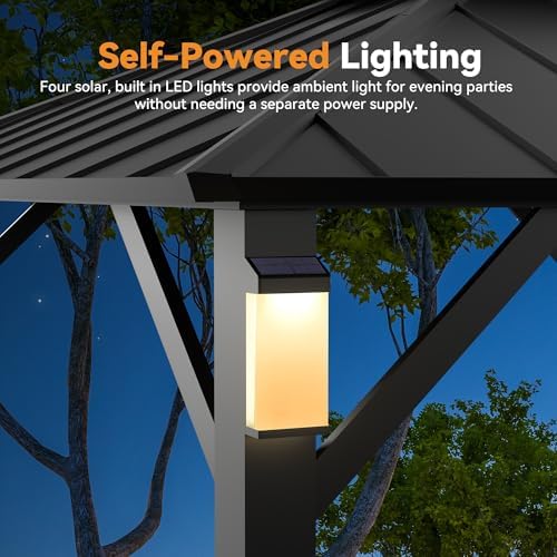Modern Shade Hardtop Gazebo 10x10 with 4 LED Lights for Backyard, Black