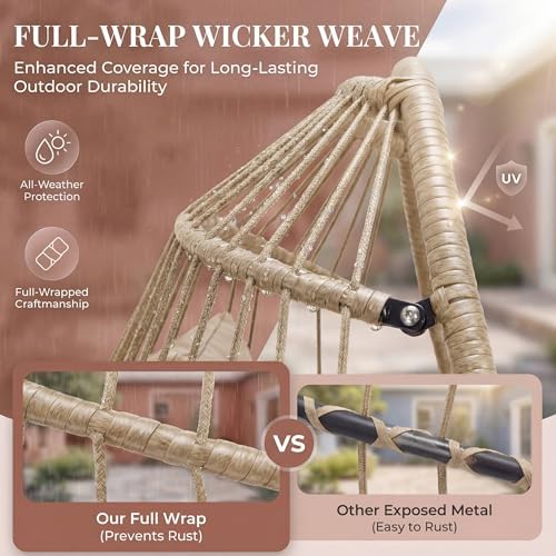 Nicesoul Outdoor Hanging Egg Chair Without Stand, Patio Wicker Swing Egg Basket Chairs with Padded Cushion, 350 Lbs Comfy Cozy Ceiling Tree Swinging Egg-Shaped Chair No Stand for Indoor Balcony, Beige
