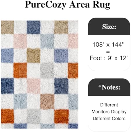 PureCozy Checkered Area Rug 9x12 for Living Room Soft Fluffy Shag Carpet