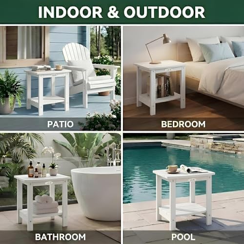 Y&M Outdoor Side Table, HIPS Adirondack Small Double Layer Table, Waterproof Square Outside Table, Balcony Modern End Tables for Patio, Pool, Beach, Porch, Deck, Indoor or Outdoor Use, White