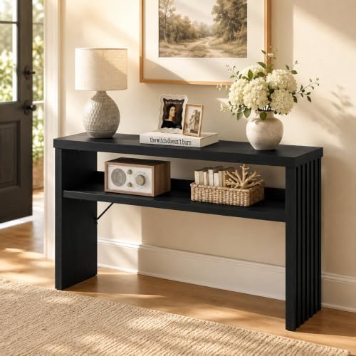 BON AUGURE Black Console Table, 47In Entryway Table with Fluted Open Shelf