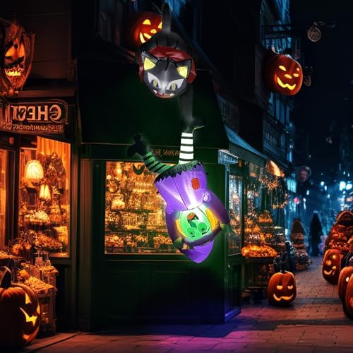 8 FT Hanging Halloween Inflatables Outdoor Decorations Black Cat and Witch