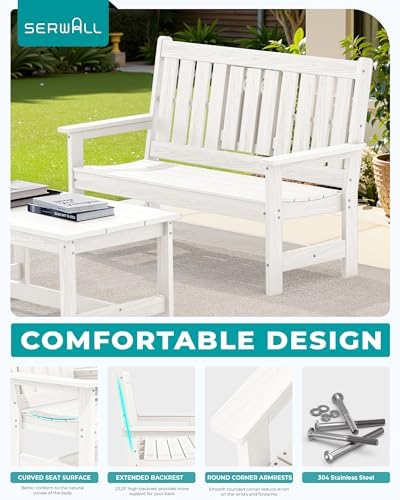 SERWALL HDPE Outdoor Bench with Cup Holder Oversized 58" Porch Bench, White