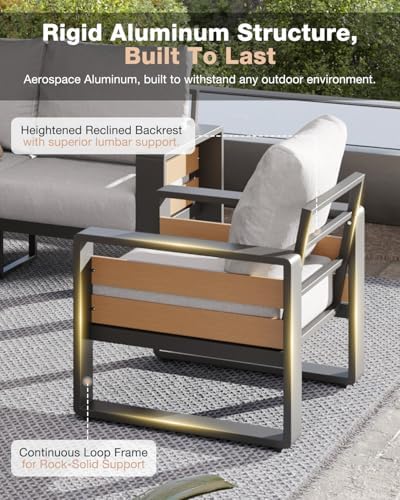 Aoxun Aluminum Patio Furniture Set, 5 Seats Luxury Outdoor Sectional with 6" Olefin Fabric Cushions, Patio Conversation Sets with Coffee Table for Backyard, Porch Light Grey
